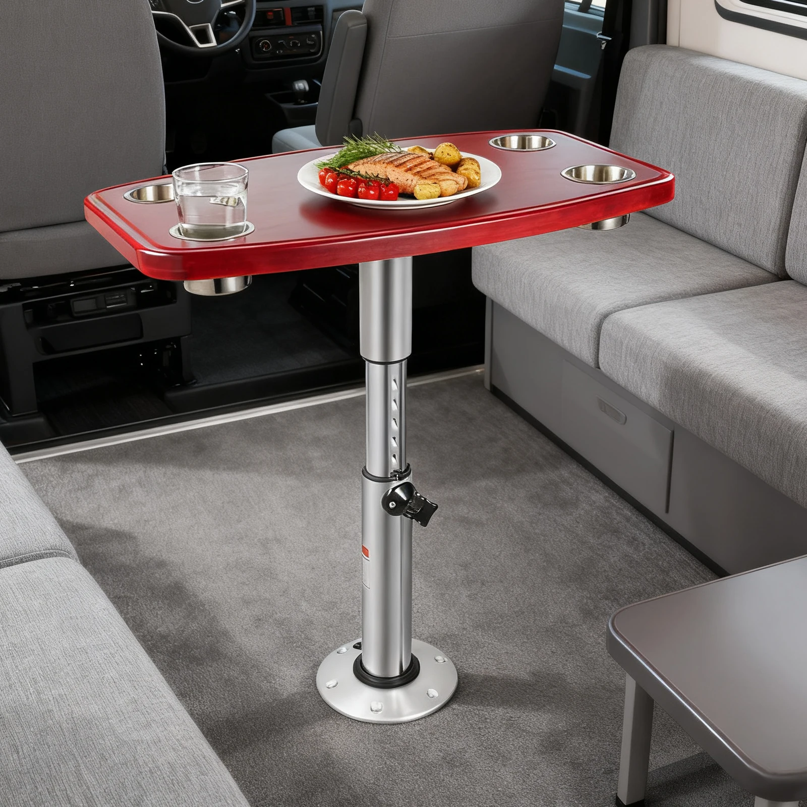 22-28 Inch Adjustable RV Table with 4 Cup Holders, 55LBS Load Solid Wood Top Rust-Proof Aluminum Single Pole Table for Motorhome Camper Van Yacht