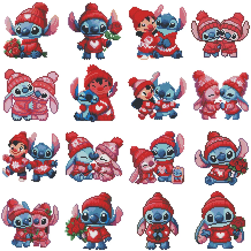 Disney 16 unids/set pintura de diamante Lilo y Stitch bordado redondo completo flor hecha a mano decoración del hogar de Navidad de San Valentín