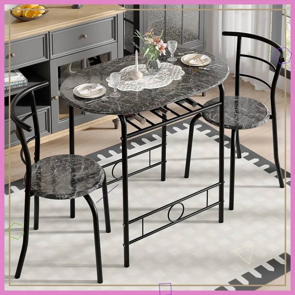 

3-Piece Dining Table Set with Wine Rack, Oval Wood Grain Top & Metal Frame for Small Spaces, Faux Marble Black