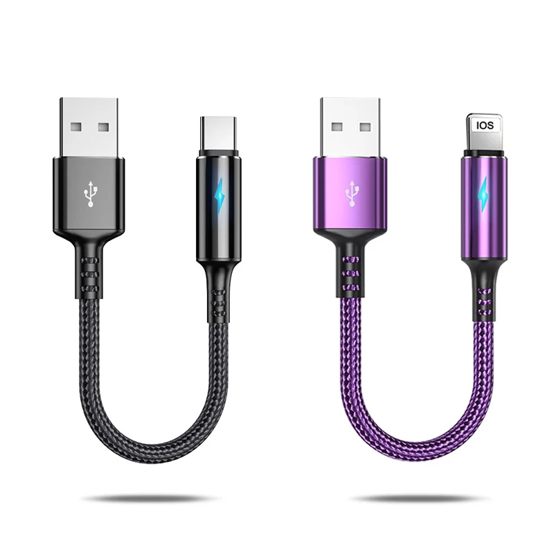 25cm Short Nylon Charger Data Cable Micro USB Type C Cables For iOS Android Phone 2.4A Fast Charging Power Bank Phone Cord Wire