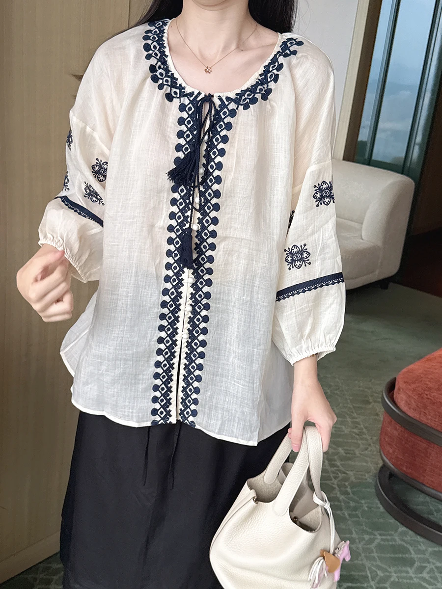 

Bohemian Ethnic Style Heavy Embroidery Peach Blossom Flax Shirt Casual Shape Eight-Sleeve Holiday Style Women's Elegant Shirt