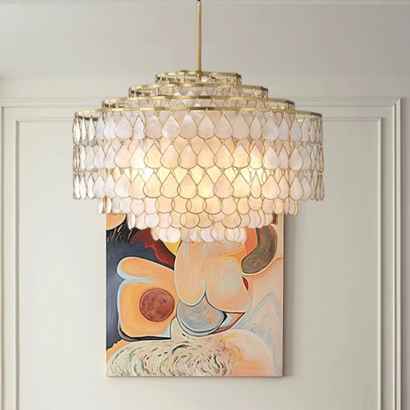 

French Luxury Copper Chandeliers Retro Shell Lampshade LED Hanging Lamps Living Dining Room Restaurant Loft Decor Pendant Lights