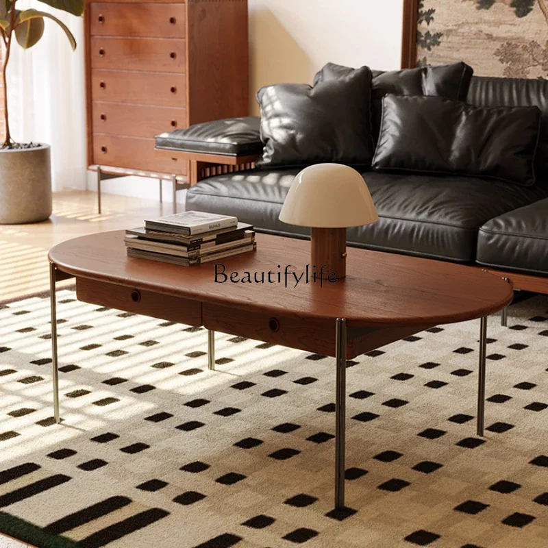 

yj5Nordic Solid Wood Coffee Table Small Apartment Living Room Modern Minimalist Nordic Stainless Steel Retro Oval Japanese Style