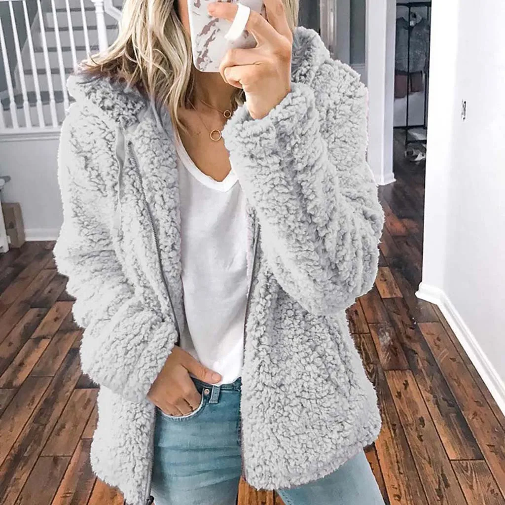 New Zipper Hooded Woolen Coat Woman Solid Fleece Jackets Cashmere Long Sleeved Loose Coats Female Winter Ladies Fashion Jackets