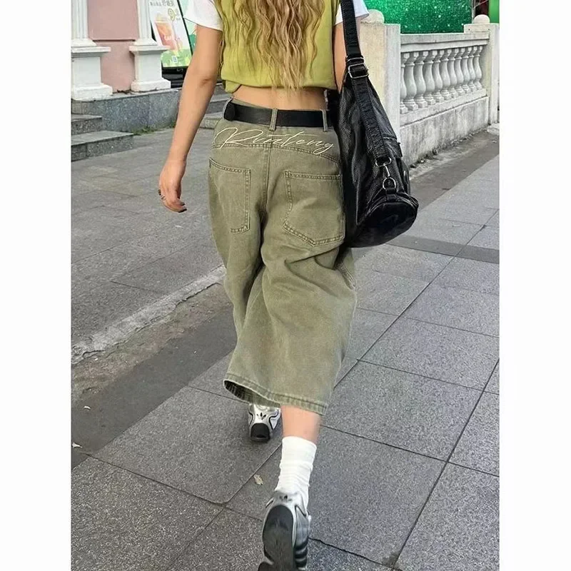 Mulheres streetwear bordado carta vintage denim shorts jeans feminino verão cintura alta ajuste perna reta calças jeans finas