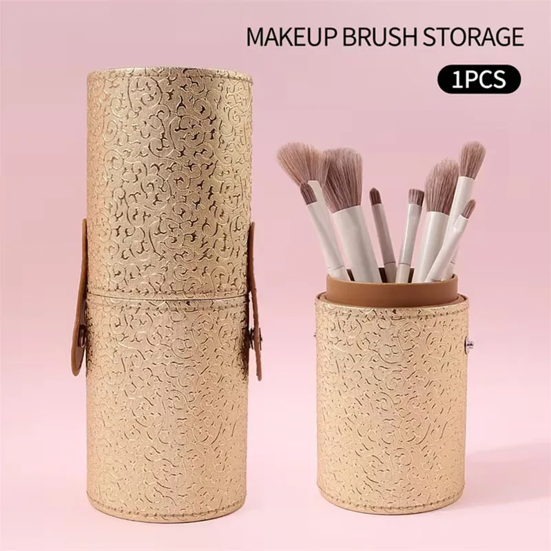 Makeup Brush Storage Bucket Cylindrical Golden Embossed PU Leather Cosmetic Brush Holder Makeup Tools Organizer with Snap Button