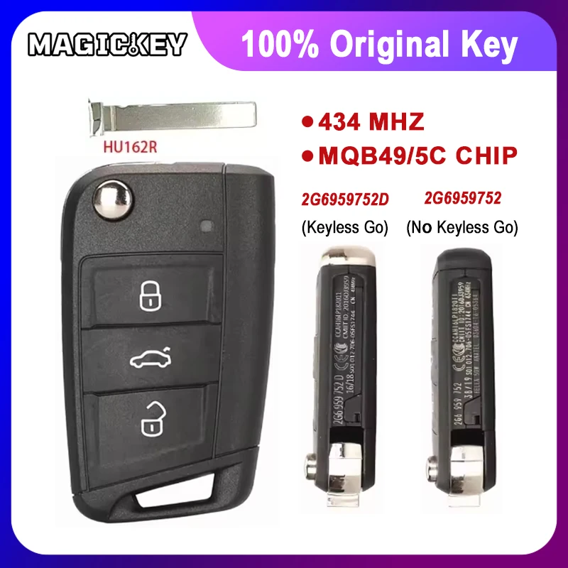 Chave Remota OEM 2G6959752D 2G6959752 434MHz 5C/MQB49 para Volkswagen VW T-Cross Polo 2017+ Skoda Golf Seat com Entrada sem Chave