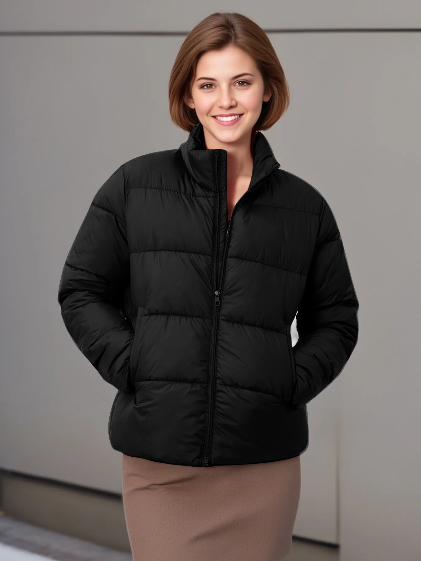 Jaqueta acolchoada casual feminina inverno quente com zíper