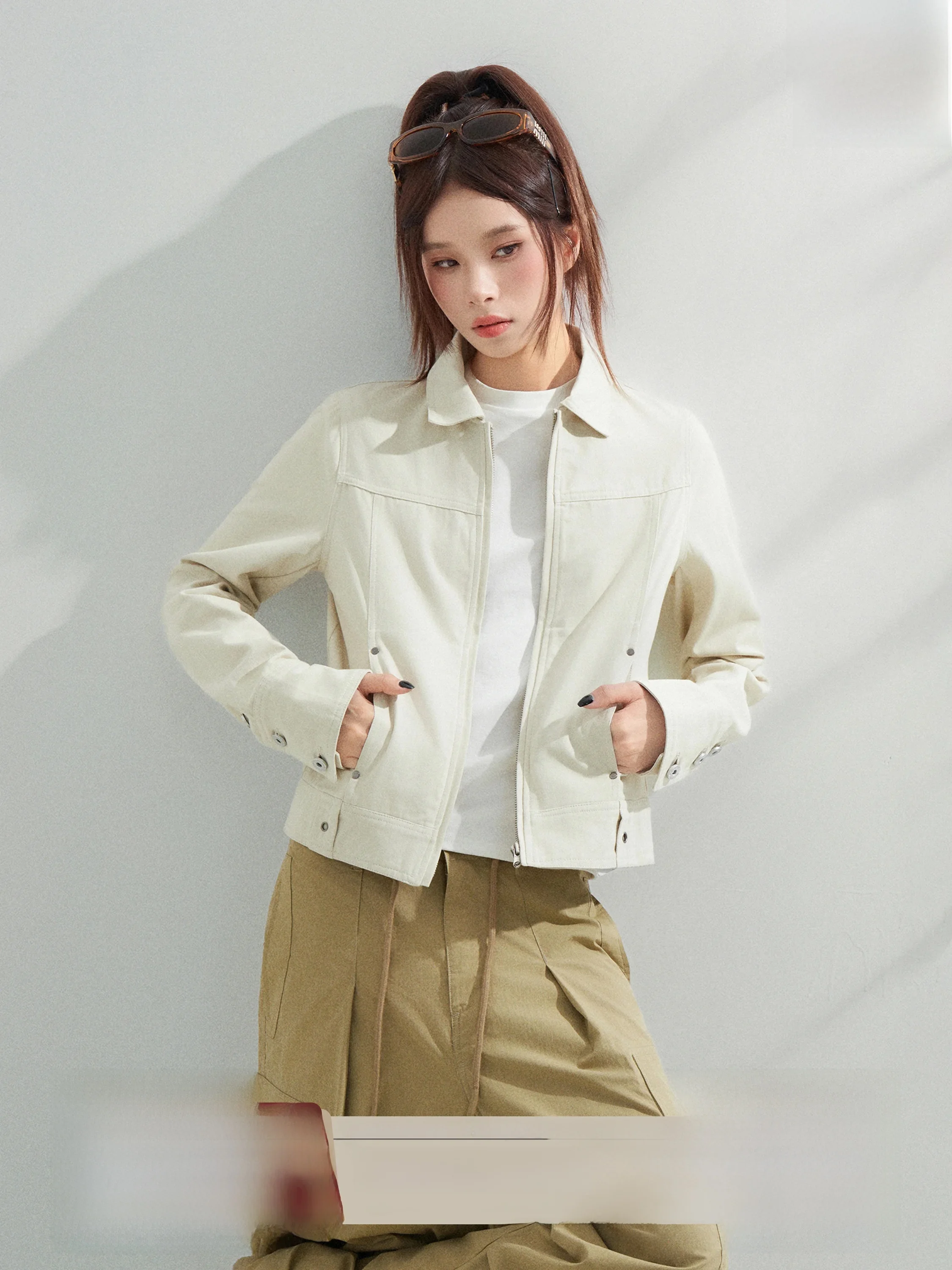 

Slim Fit Zipper Jacket Women's Short Style Casual Fashion Shoulder Design Autumn Outerwear Cardigan Top PU Material Long Sleeve
