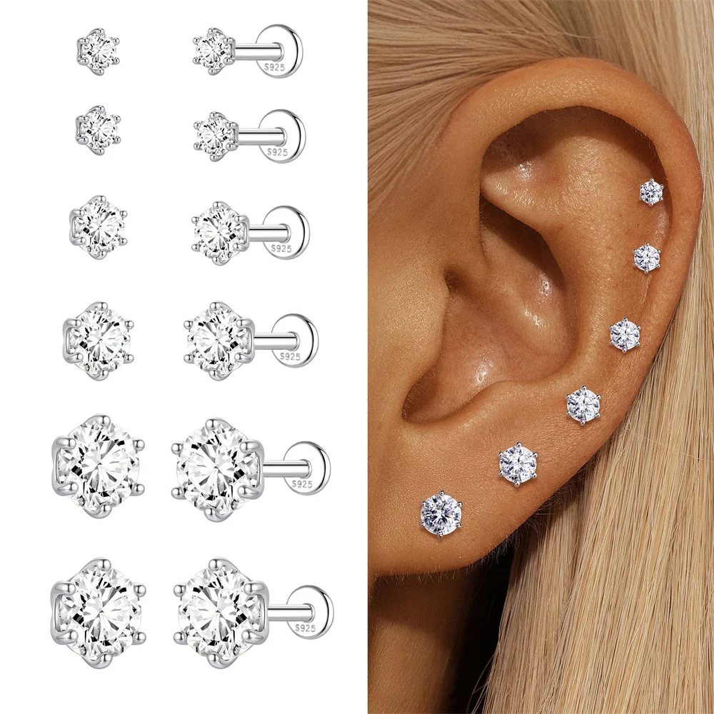 AIDE 925 Sterling Silber 1 Stück Sechsklauen Funkelnder Moissanit Damen Multi-Größen Flacher Rücken Knorpelpiercing Hochzeits-Brautgeschenk – Detail 22