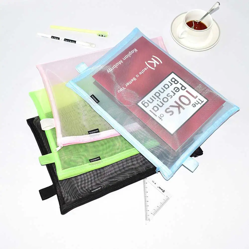 

4Pcs Mesh Stationery Organizer Bag Colorful Portable Zipper File Document Pouch Office School Supplies Blue Pink Green Black