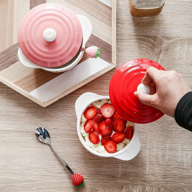 5 inch, embossed porcelain dinner bowl with lid, strawberry design, porcelain fridge fruit bowls, saladiers, kids cereal bowl
