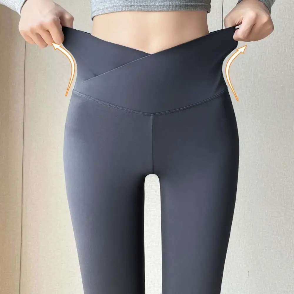 

Elastic Cross Waist Design Women Leggings Thin Solid Color Yoga Pants Seamless All Match High Waist Leggings Indoor