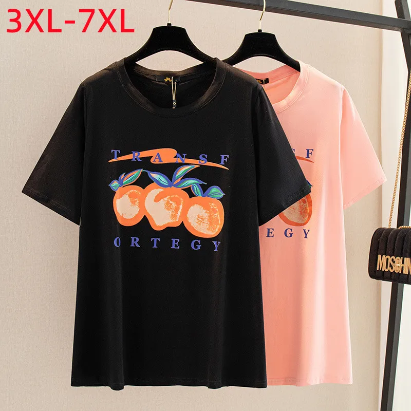 New 2022 Summer Plus Size Tops For Women Large T-shirt Short Sleeve Loose Black Pink Cotton Print T-shirt 3XL 4XL 5XL 6XL 7XL