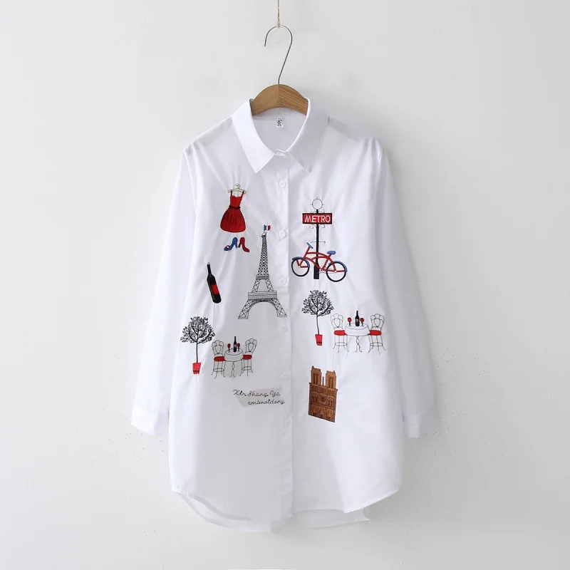 Fashion Long Sleeve Women Shirts Embroidery Cotton White Blouses Office Lady Elegant Loose Tops