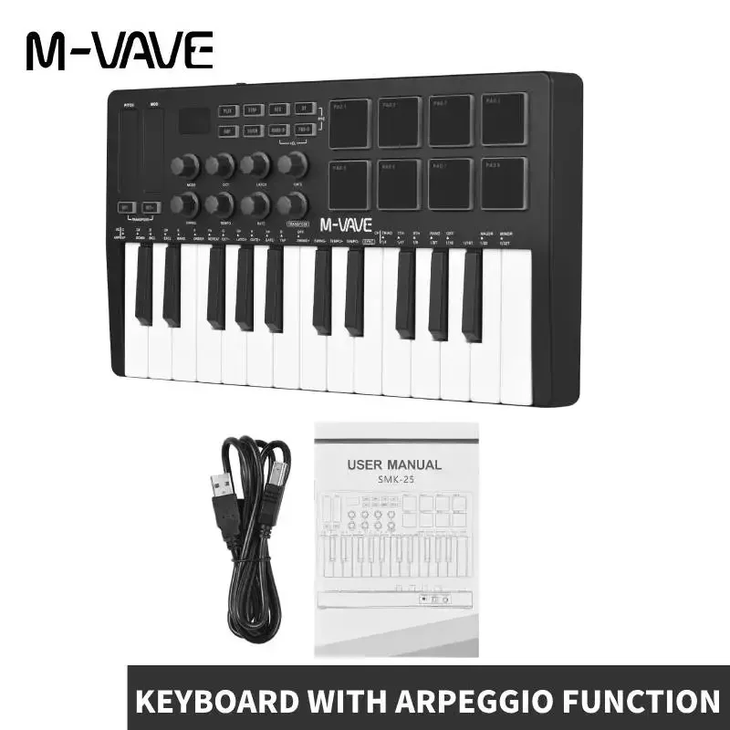 

M-VAVE Portable MIDI 25-Key USB MIDI Keyboard Controller with 8 Backlit Drum Pads 8 Knobs 8 RGB Music Keyboard Instruments