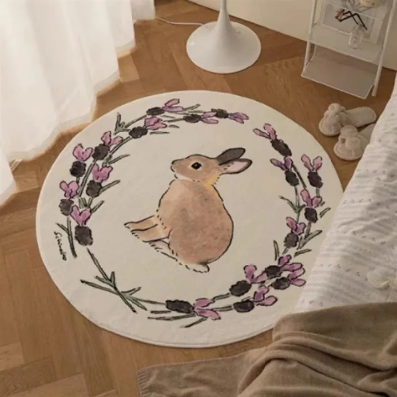 Cute Rabbit Round Carpet Cartoon Children Bedroom Rugs Animal Pattern Home Decorative Floor Mat Plush Soft Girl Room Foot Mats