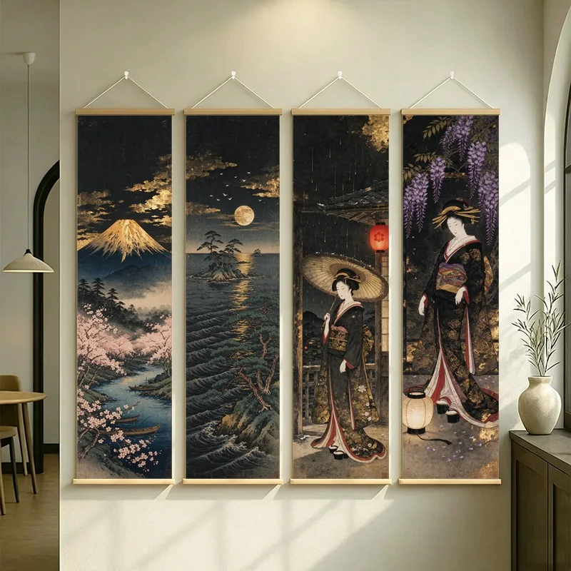 Japanese Wall Art Moonlit Mountain Lake and Elegant Figures on Silver Shimmer Canvas for a Boutique Guesthouse Interior