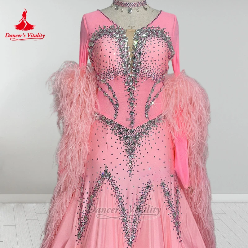 Blackpool Dance Festival Pearl Silk Chiffon Fabric Professional Clothing Custom Adult Ballroom Feather Dresses Dancer's Vitality