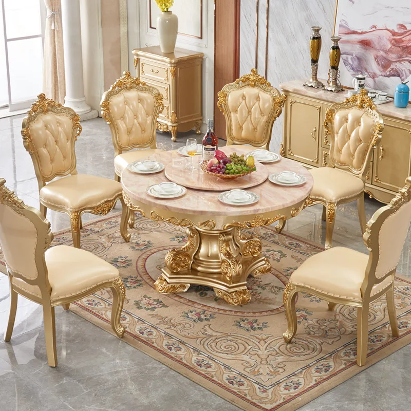 Solid wood dining table marble surface round table noble gold dining 1.5 meters household dining