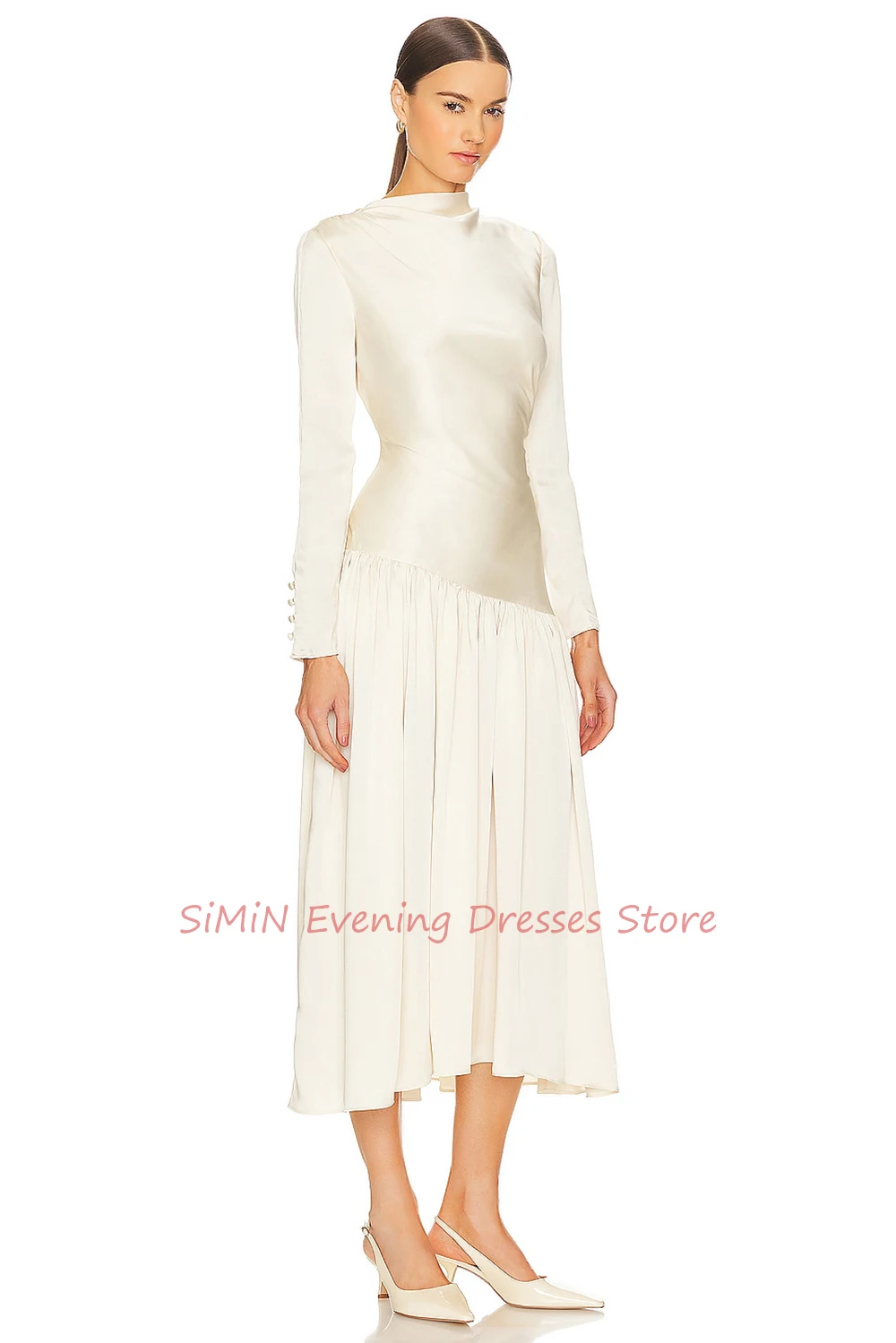 Simin Saudi O-Neck Long-Sleeves Button Ruffle Backless Satin Tea-Length Arabia Sexy Evening Birthday Club Outfits Summer 2024