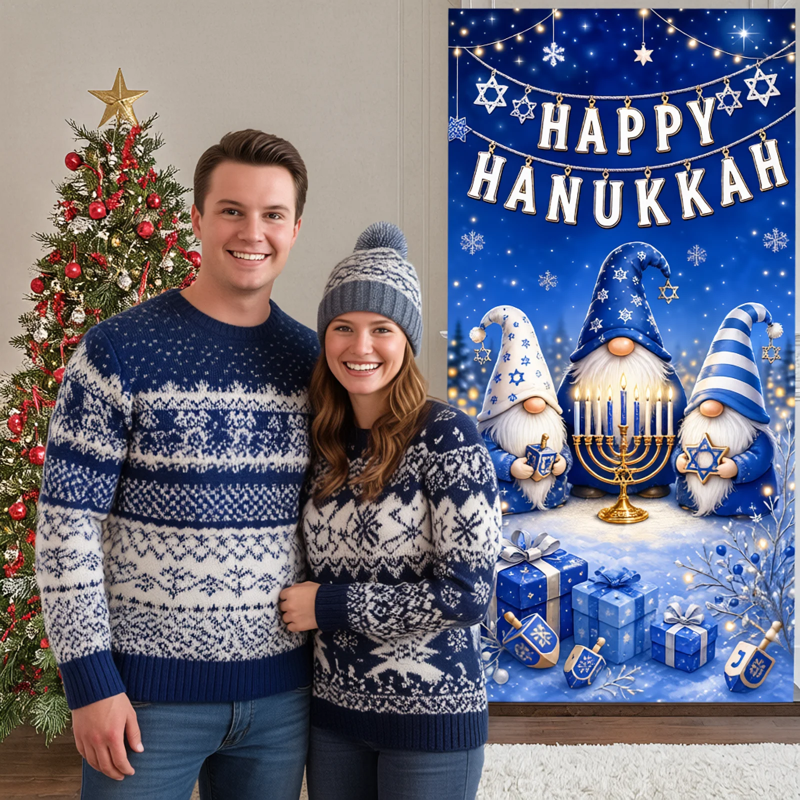 Happy Hanukkah Banner Snowflake  Event Display Party Backdrop Blue Theme Hanukkah Party Banner For Winter Celebration Home