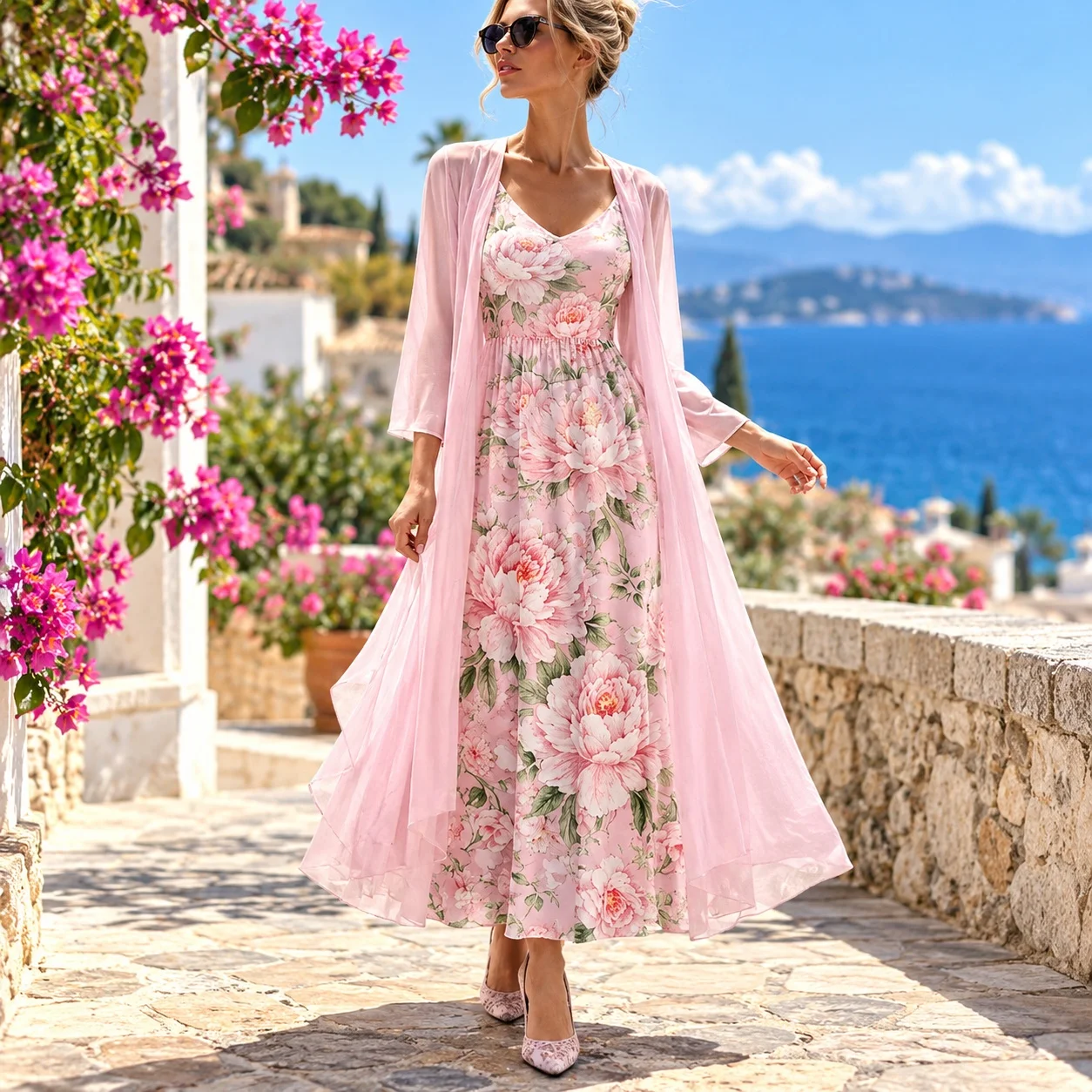 V Neck Floral Print Set with Bishop Sleeve Straight Japanese Korean Casual Loose Fit a Line Patchwork Elegant Women Sets