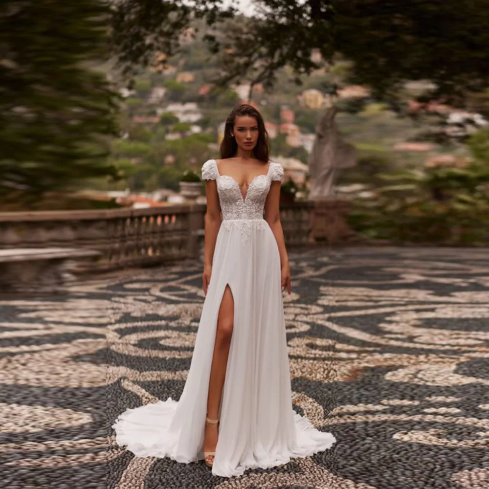 Personalizar vestido de casamento de praia personalizado com decote em v manga boné miçangas apliques chiffon divisão uma linha vestido de noiva espartilho vestido de noiva