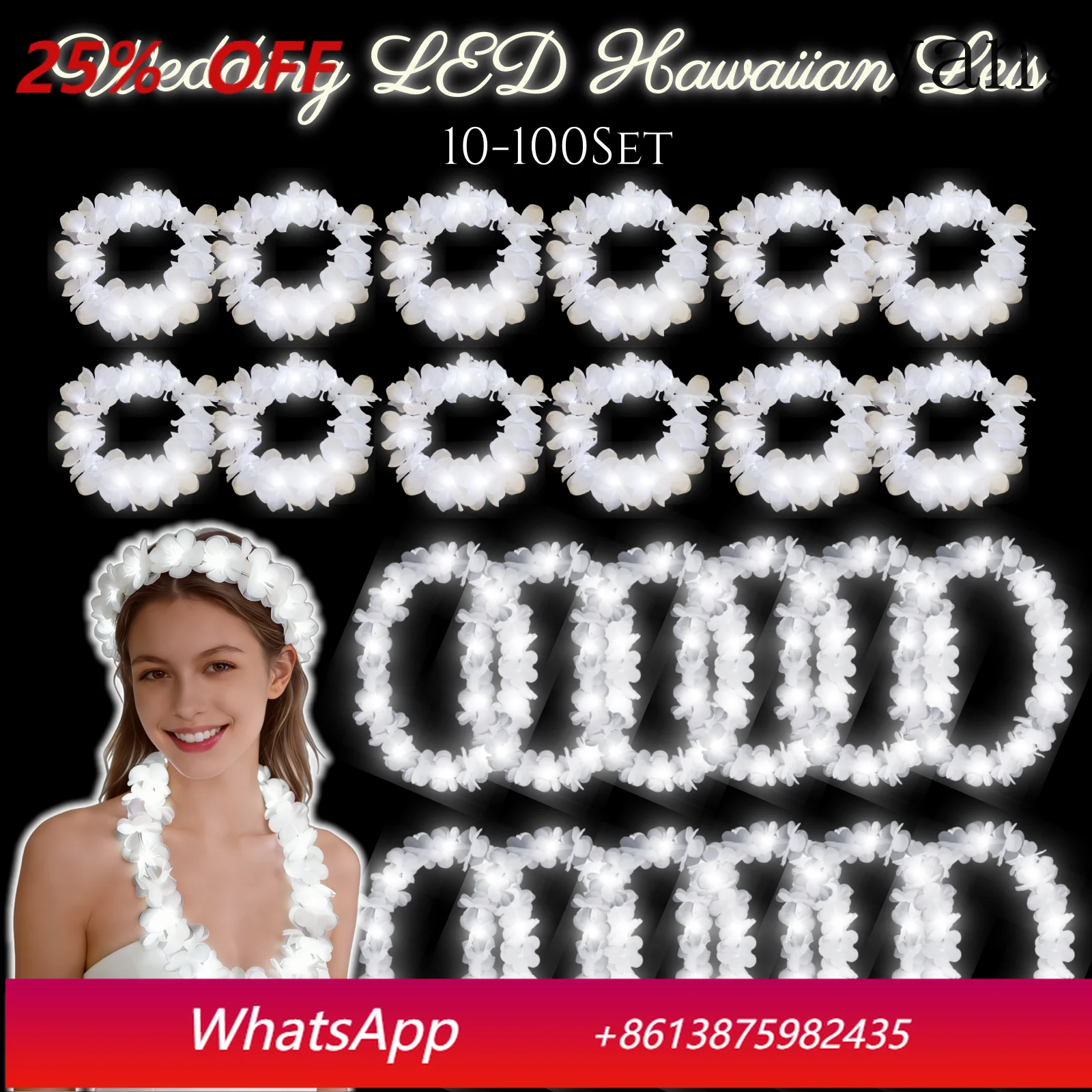 

10-60Set LED Hawaiian Leis Light up Leis Necklace LED Headband Flower Crown for Masquerade Beach Wedding Tropical Themed Party