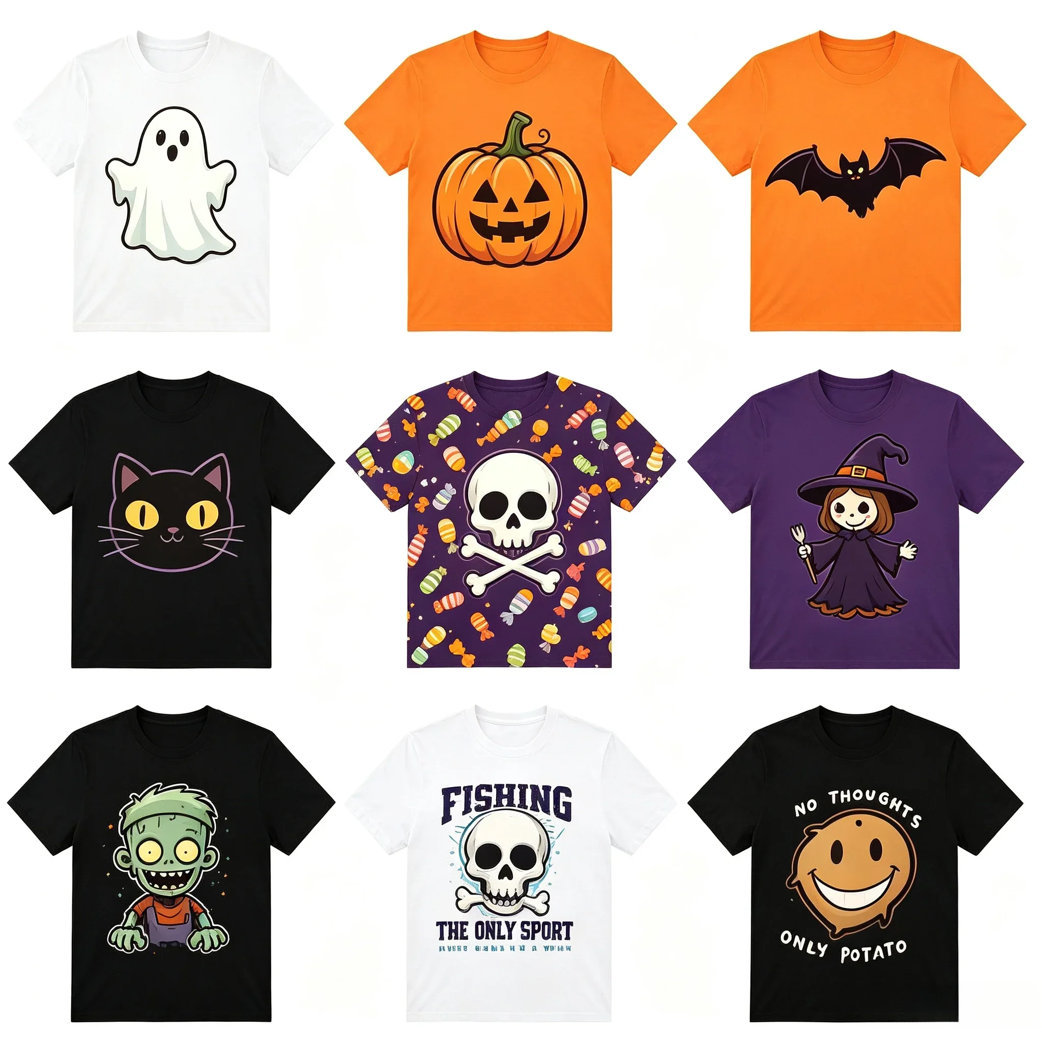 Halloween Graphic T‑Shirts Pumpkin Ghost Skull Spider Web Print Short Sleeve Casual Party Tee for Men Women, Random Style Shipped