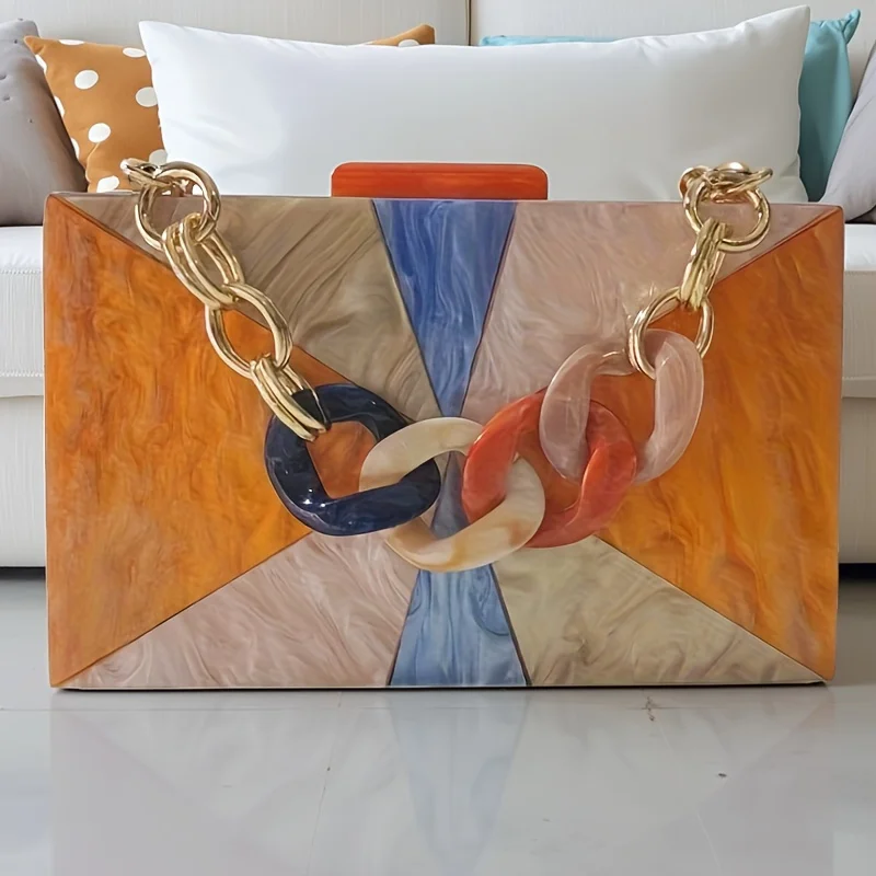 

Wedding Bride Girl Lady Bags Orange Patchwork Luxury Geometric Acrylic Party Clutch Purse Chic Prom Triangle Banquet Handbag