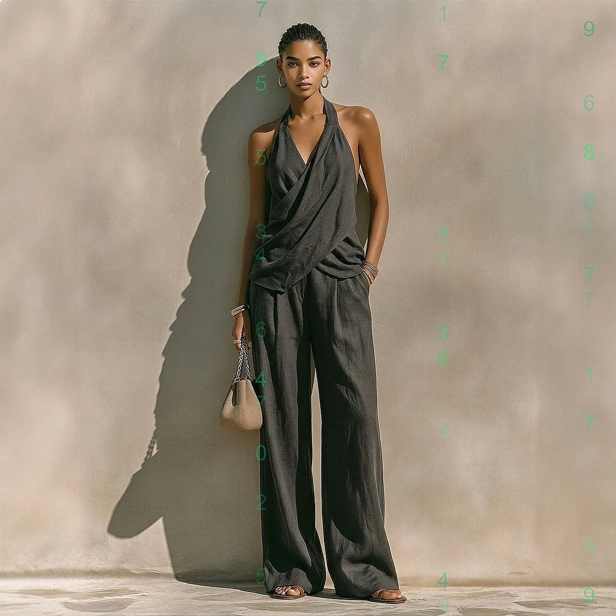 

Women's Linen Matching Set Deep Gray Camisole Jumpsuit with Cross Front Top