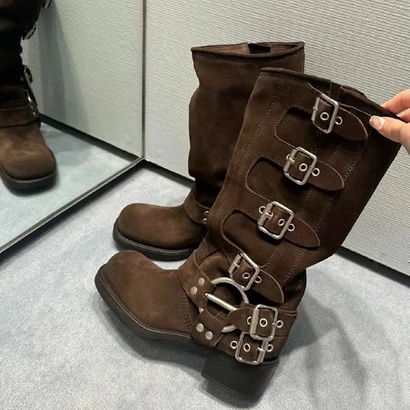 Punk Woman Clasp Buckle Brown suede Knee Boots Side Metal Buckles Motorcycle Boots Women Square Toe Lady Ridding Boots