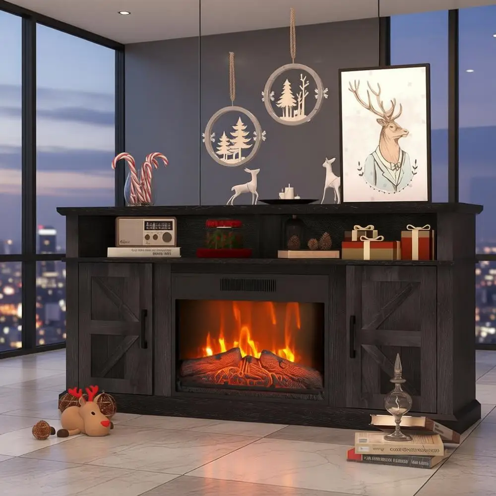 

Электрический камин-тумба для ТВ 65 дюймов с местом для хранения и полками, цвет угольно-серый