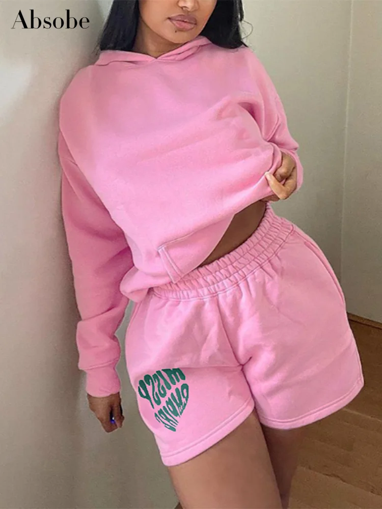 

Absobe Hooded Sweatshirt Shorts Set Contrast Letter Print Women Pink Long Sleeve Hoodie Shorts Casual Sport Autumn Streetwear