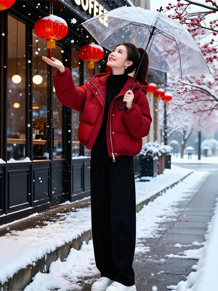 

Женская утепленная хлопковая куртка с капюшоном, красная, теплая, однотонная, зимняя, модная, универсальная, для повседневной носки, в корейском стиле, свободного кроя