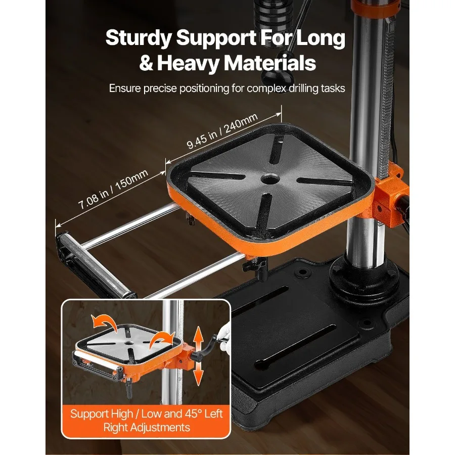 12インチ卓上ボール盤、5アンペア、120V可変速、鋳鉄製、旋回距離12インチ、0.45°傾斜作業台付き