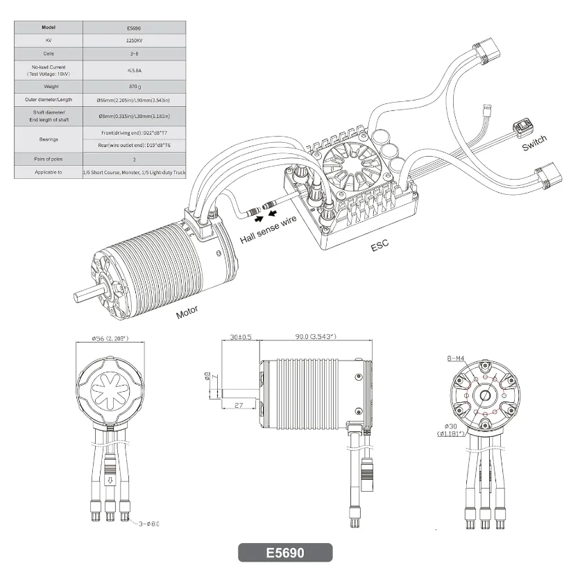 XC E5690 センサー付きブラシレスモーター RCカー用 3-8S Lipo 1250KV IP67 防水 1/6 ショートコース、モンスター、1/5 ライトデューティトラック用
