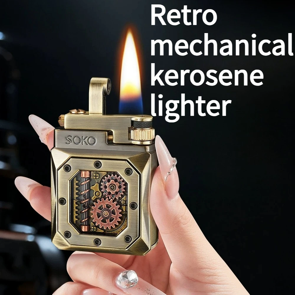 Creative Retro Mechanical Alloy Bright Flame Lighter with Visible Oil Tank Gift for Boyfriend Cigarette Accessories