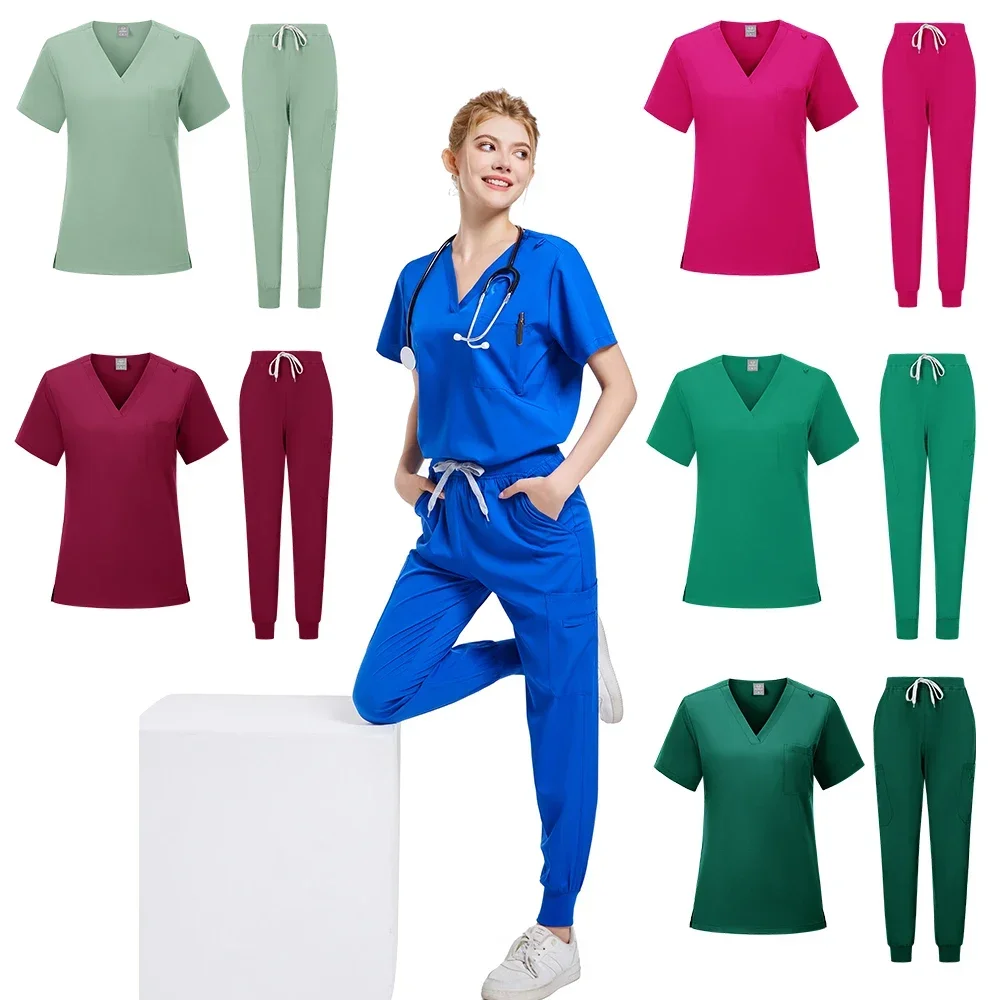 Uniformi naturali Top e pantaloni elasticizzati con scollo a V da donna Set scrub Abbigliamento medico per donna Uniforme da medico Esteticienne