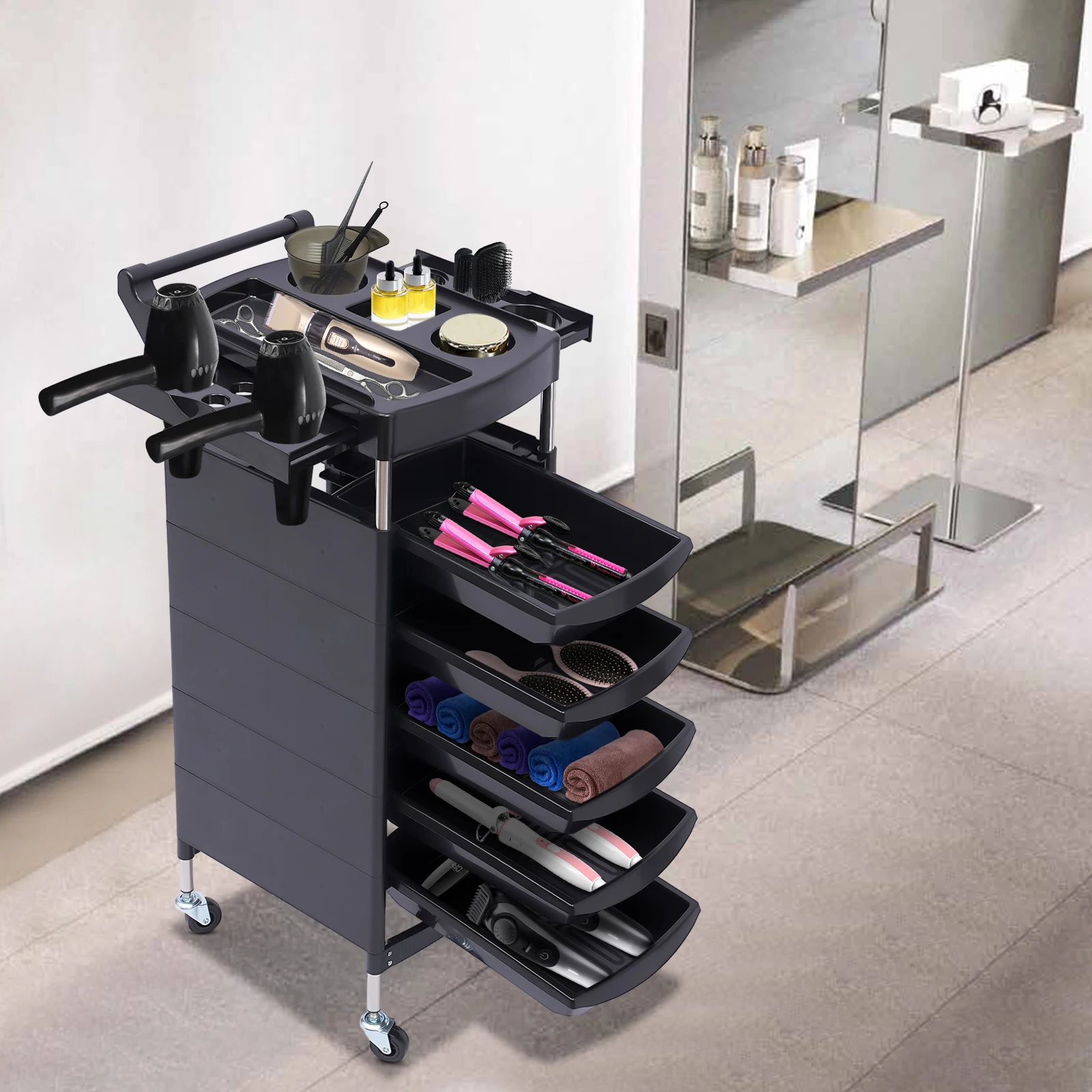 Salon Rolling Trolley with Wheels, 5 Drawers, 2 Side Tattoo Tray, Multifunctional Tool Storage Cart Supporting Hair Dryer Holder