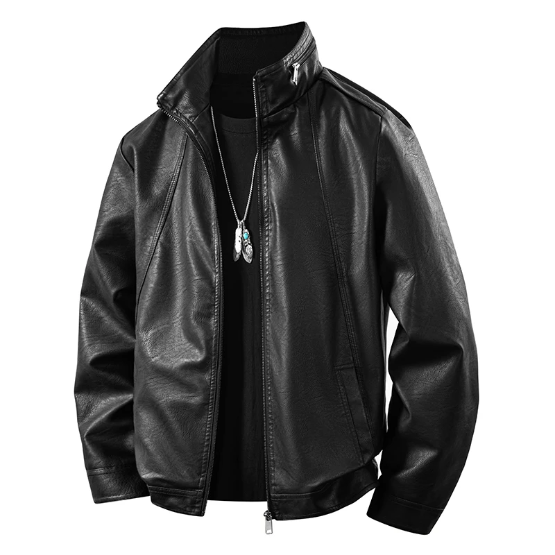 

New Top Leather Jacket Men's PU Leather Jacket Autumn Winter Korean Trendy Stand Up Collar Motorcycle Suit, Workwear Jacket