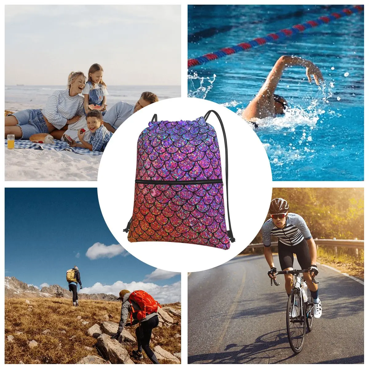 Mochilas de escamas de sirena con purpurina de colores, bolsa con cordón, paquete de bolsillo, bolsas de almacenamiento para viajes, deportes, hombre y mujer