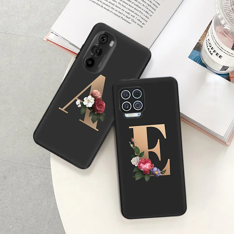 Silicone Black Phone Case for Moto G72 G53 G73 G9 G50 G51 G60 G71 G22 G32 G52 H-I Golden Flower Letters Edge 30 20 40 Pro Cover