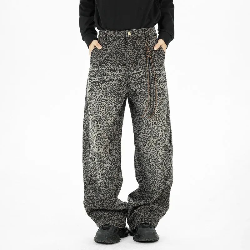 

Trendy Leopard Print Black And Brown Men's Jeans Spring 2026 New American Style Loose Straightl Eg Denim Long Pants