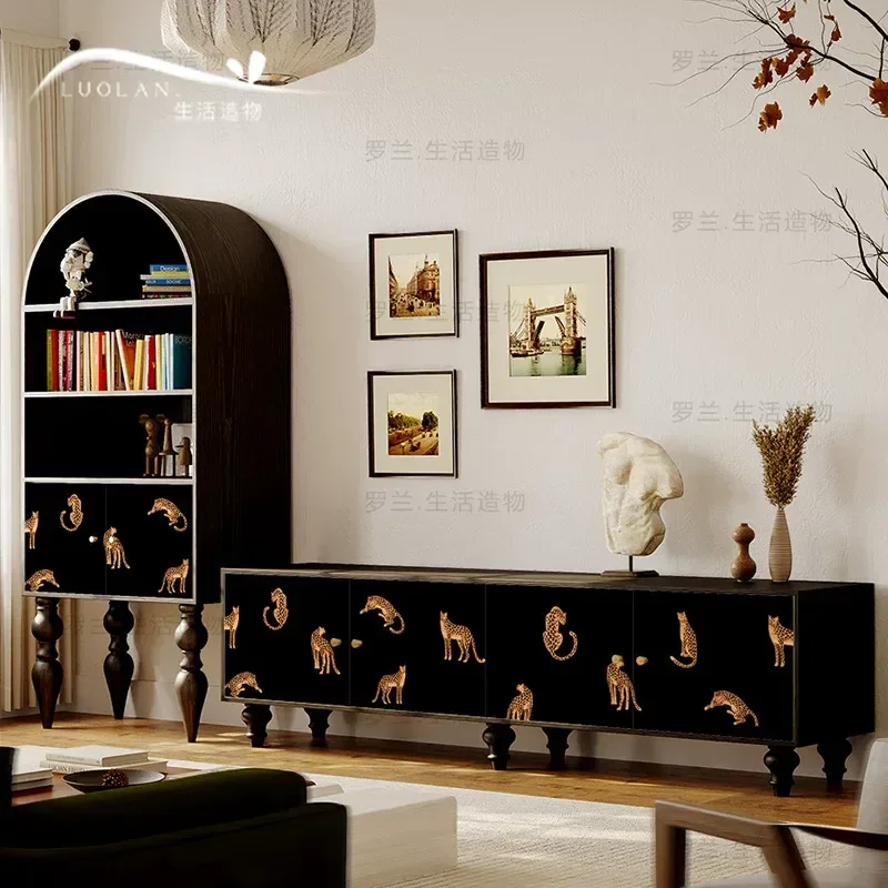 Cream Style Leopard Print TV Cabinet Solid Wood Integrated Floor Standing Storage Unit for Living Room Entryway Decorative