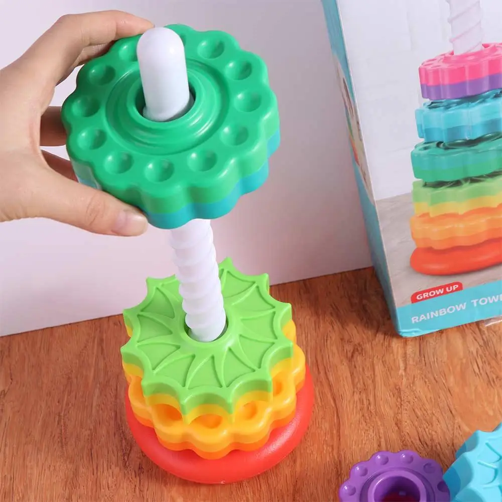 Montessori Rotating Rainbow Tower Hand-eye Coordination Color Recognize Rotating Screw Bolt Nesting Ring Early Education