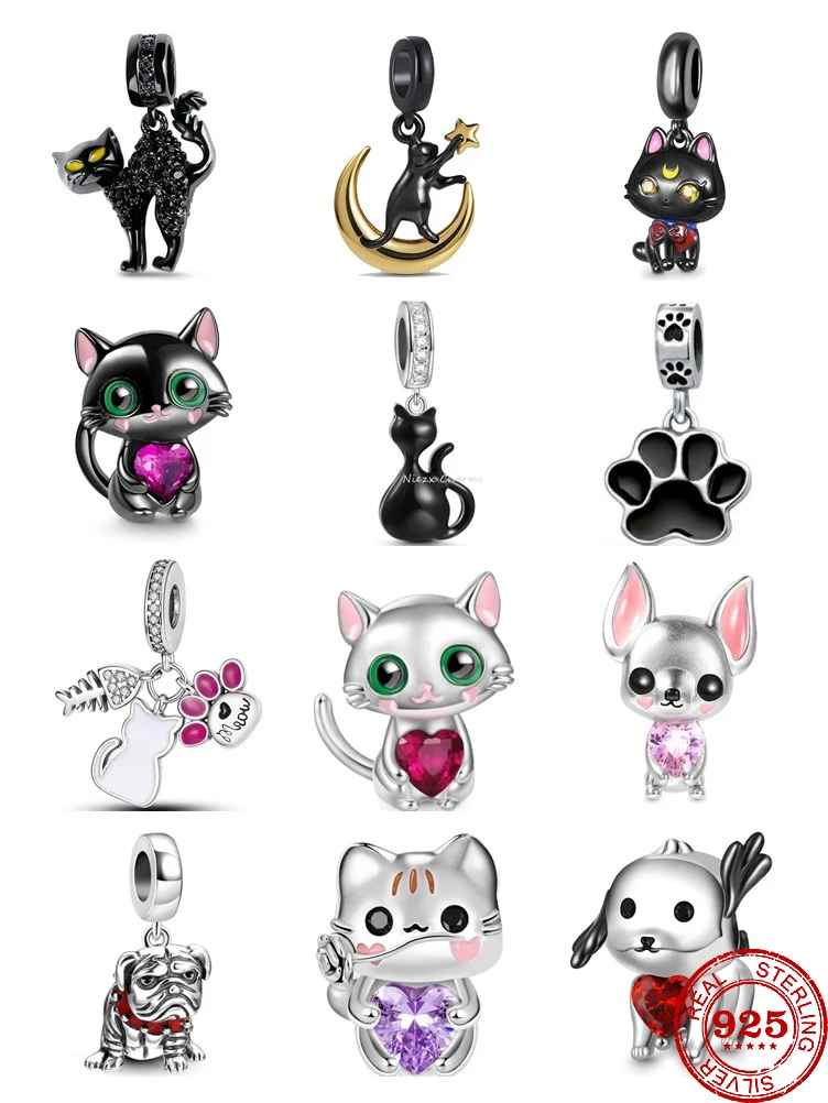 New Silver 925 DIY Jewelry Angry Cat Cute Cat French fighting dog Chihuahua dog Charm Bead Fit Original Pandora Bracelet Trinket