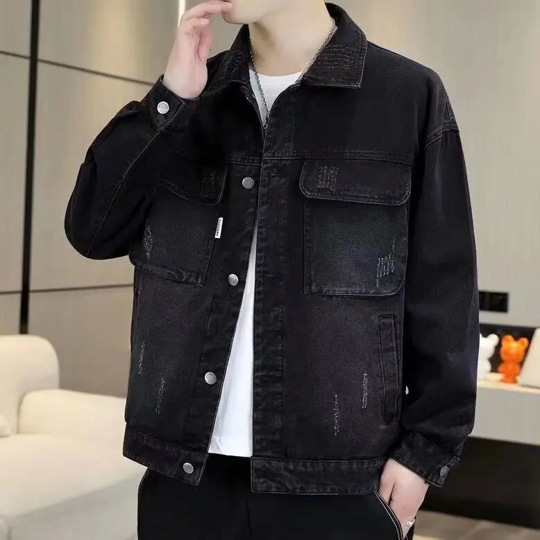 

Men's Denim Jaet Autumn New Sle Loose Workwear Casual Coat Long Sve Flip Collar Regular Thin Chinese Production