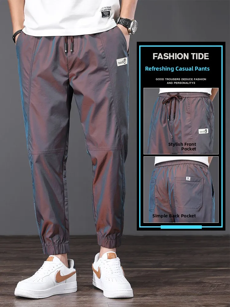 

Мужские повседневные свободные спортивные брюки из ледяного шелка, летние тонкие брюки-чинос длиной 9 дюймов, рабочая одежда, модный молодежный стиль, яркий узор